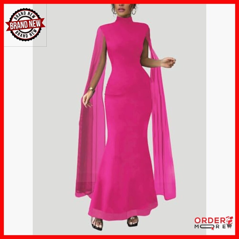 Formal Mock Neck Mesh Flare Sleeve Maxi Dress Bodycon Evening Gown - Picture 5 of 6